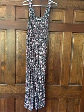 LOFT Black Floral Smocked Top with Pink Accents